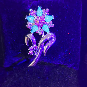 Vintage Silver Tone UV Reactive Flower Brooch with Multi-Colored Rhinestones, Aurora Borealis Sparkle, Retro Floral Statement Pin