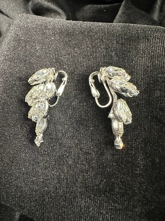 Signed Carnegie silver-tone clip earrings with cascading clear marquise rhinestones, view 6