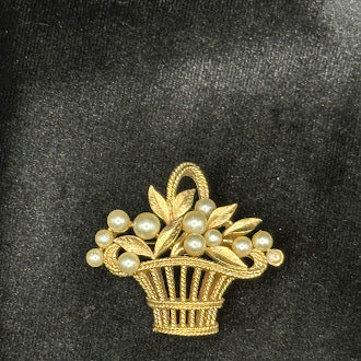 Gold tone faux pearl brooch trio; basket w flowers, wreath and purse with pearl flowers vintage set