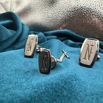 Vintage silver tone monogram N cufflinks and tie tack set with engraved initial and chain back