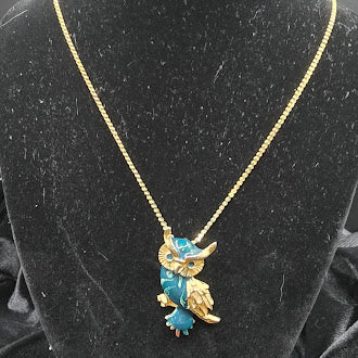 Gold Tone Blue Enamel Owl Pendant Necklace Crystal Eyes Whimsical Bird Jewelry