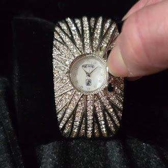 Vintage Victoria Wieck Silvertone Crystal Hidden Quartz Watch Cuff Bracelet with Pavé Sunburst Design, Glam Estate Statement Timepiece
