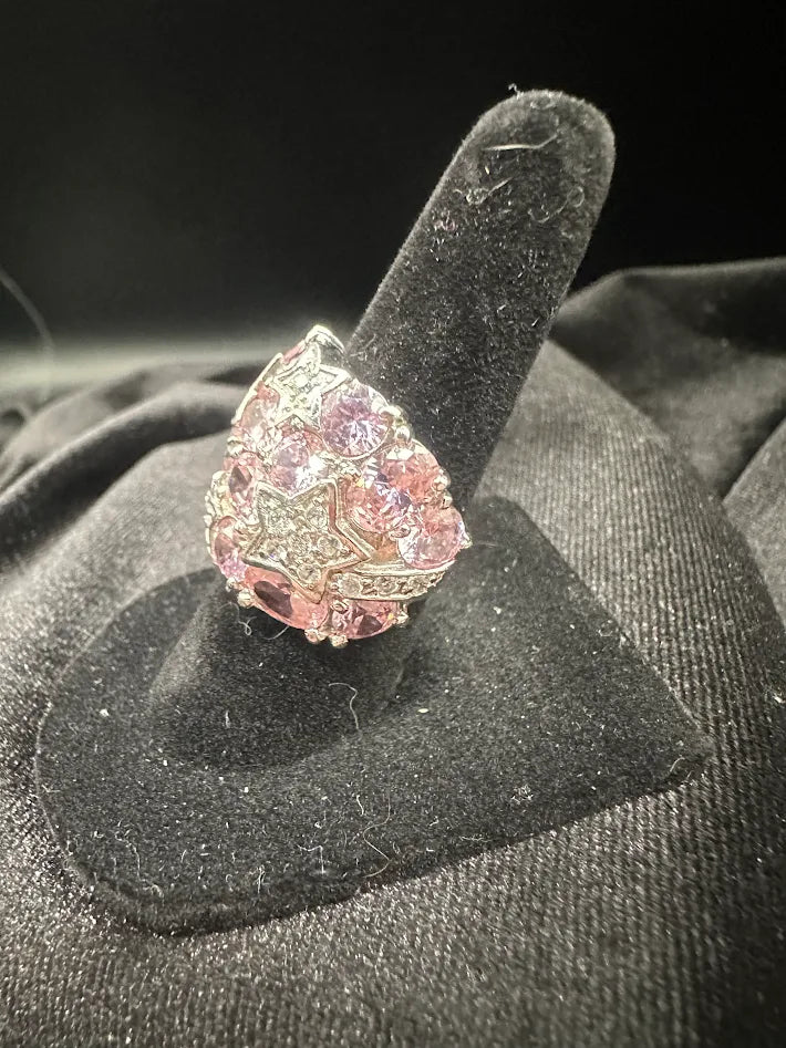 Sterling Silver 925 Pink CZ Star Cocktail Ring Wide Band Statement Size 5.25 12.3g