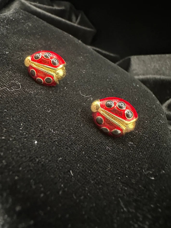 Avon Gold Tone Red Enamel Ladybug Stud Earrings Rhinestone Accent Whimsical Jewelry