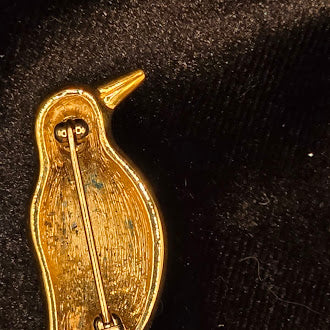 Black Enamel Penguin Brooch With Gold Tone Trim And Rhinestone Wing
