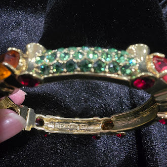 Retired Heidi Daus Swarovski Crystal Statement Bracelet Gold Tone Hinged Cuff Designer Glam Jewelry