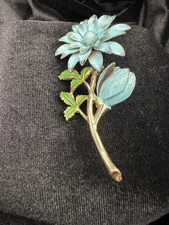 Gold-tone blue enamel flower brooch with green enamel leaves, view 4