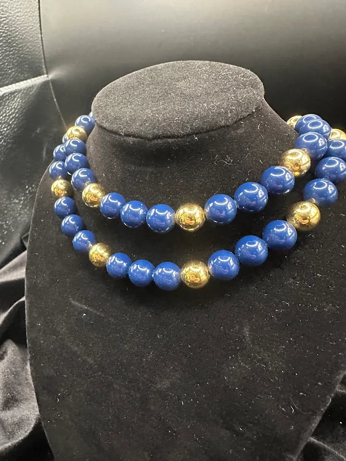 (SOLD) Lapis Blue and Gold Tone Bead Double Strand Necklace