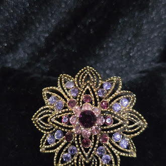 Gold Tone Purple Pink Rhinestone Flower Brooch Sparkly Floral Pin Layered Petal Design Statement Jewelry Safety Clasp