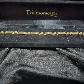 Vintage Diamonique Gold Tone Rhinestone Link Bracelet with Original Box, Simulated Diamond Tennis Style Bracelet 18.5cm Estate Glam Jewelry