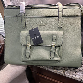 London Fog 100th Anniversary Sophia Pebble Tote in Olive With Buckle Detail