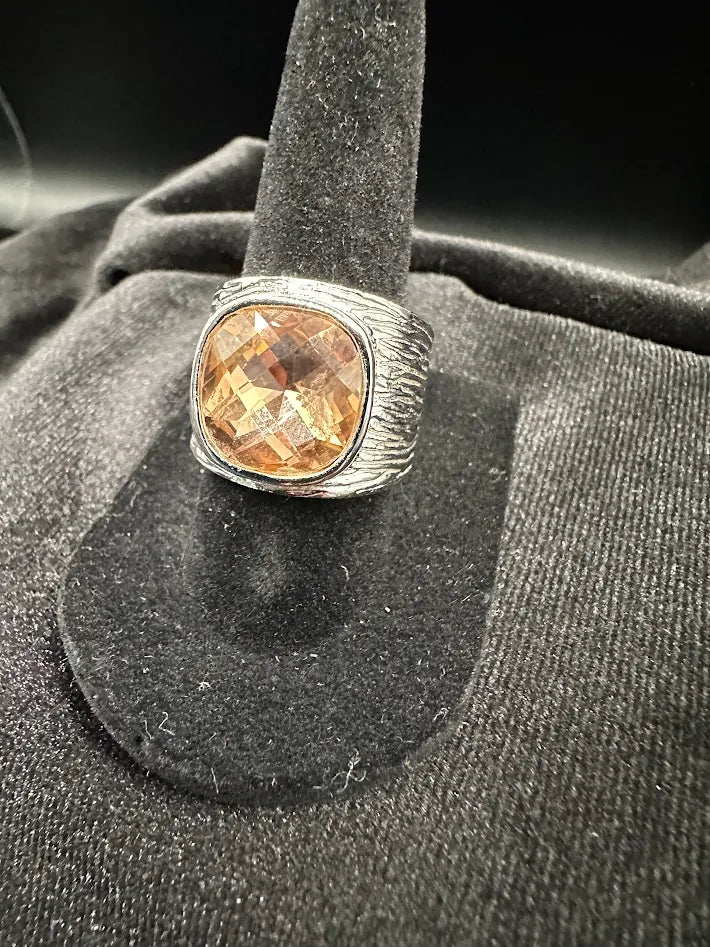 Lia Sophia Peach Glass Ring Silver Tone Wide Band Faceted Solitaire Statement Ring Size 7