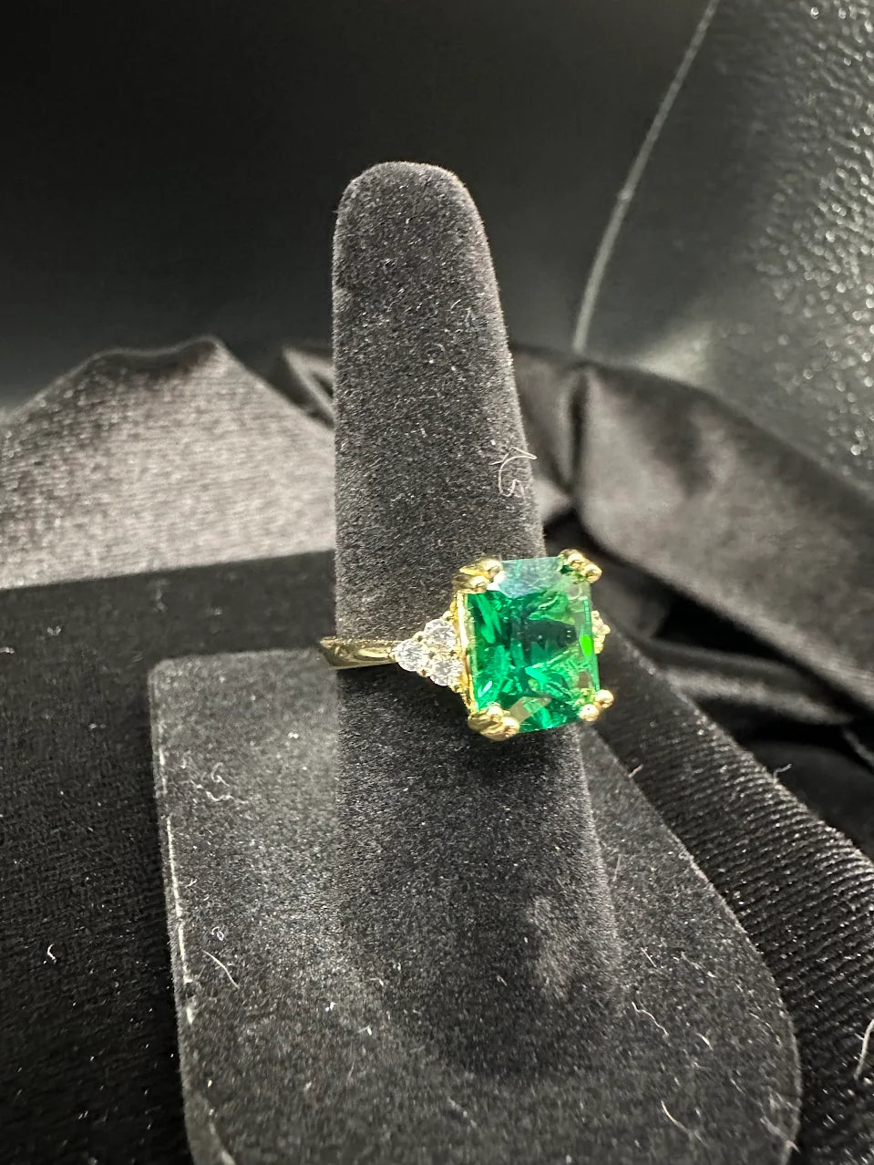 Gold Tone Green Crystal Ring Trillion Accent