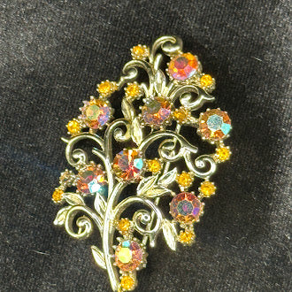 Gold-tone filigree floral spray brooch with aurora borealis rhinestones, view 5