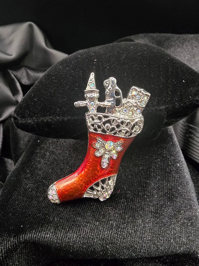 Vintage Christmas Stocking Brooch with Rhinestones and Red Enamel