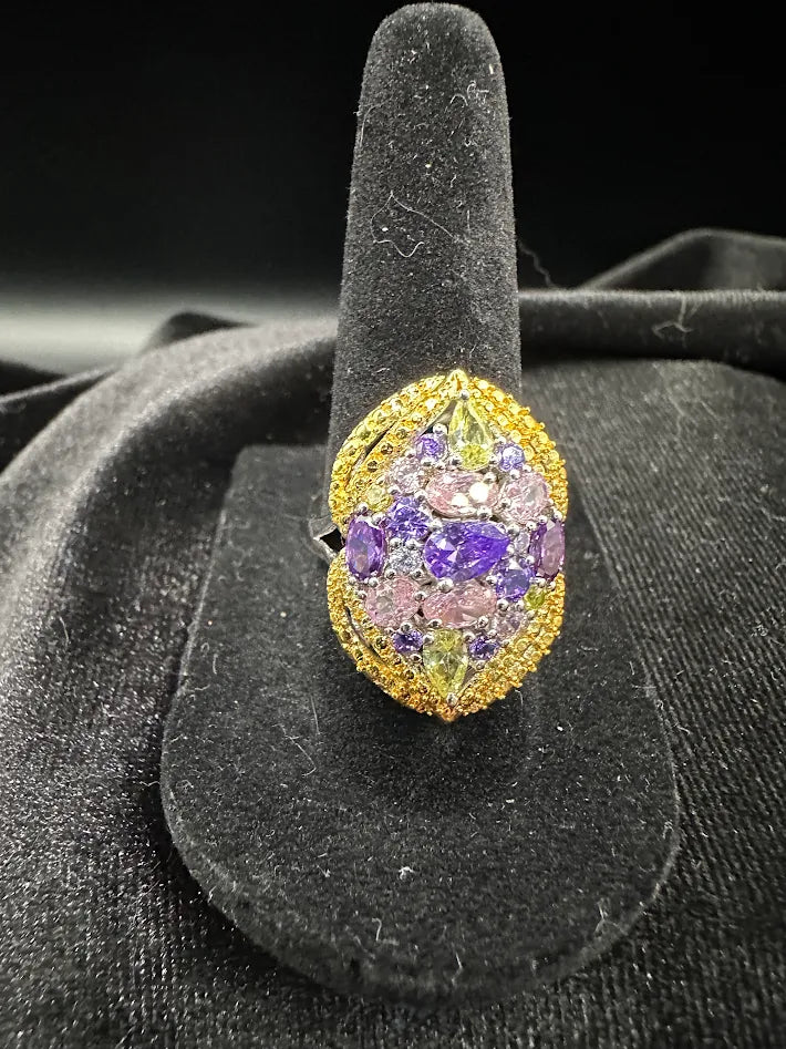 Silver-tone cocktail ring with gold-tone top and purple, lavender and pink stones, view 2