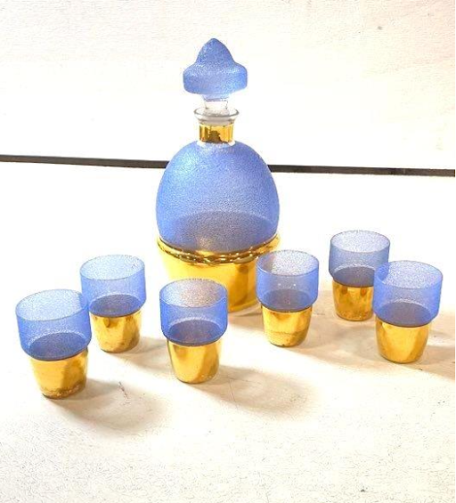 Textured Frosted Blue Glass Decanter and Glasses Set, 7-Piece
