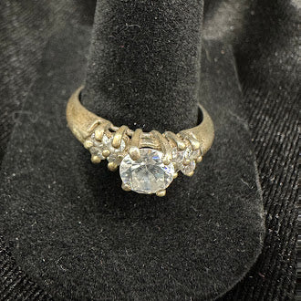 Sterling Silver CZ Engagement Style Ring Round Center with Eight Accent Stones Size 9