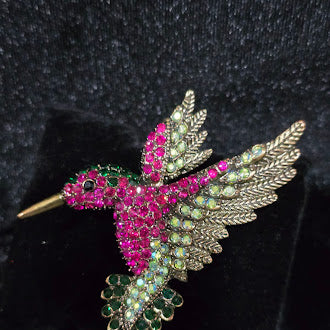 Gold-tone hummingbird brooch with pink, green and clear rhinestones, view 4