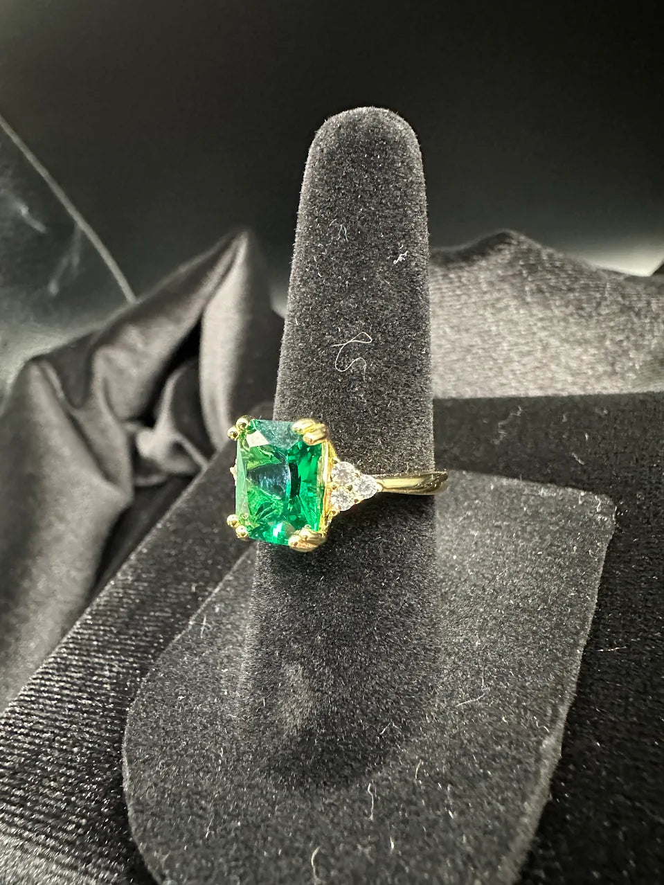 Gold Tone Green Crystal Ring Trillion Accent