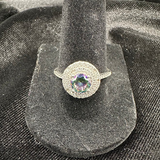 Sterling Silver Peacock Quartz Halo Ring with Cubic Zirconia Size 7.5