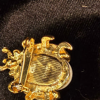 Gold Tone Rhinestone Beetle Brooch With Faux Pearl Body