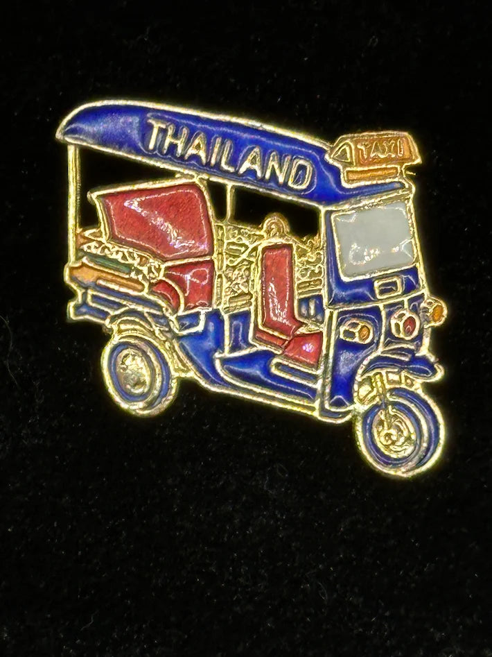 Enamel tuk tuk brooch in blue, red, white and gold tone, view 2