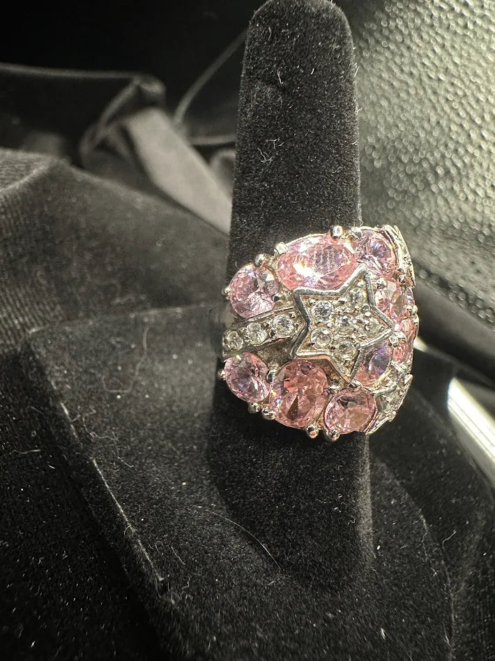 Sterling Silver 925 Pink CZ Star Cocktail Ring Wide Band Statement Size 5.25 12.3g
