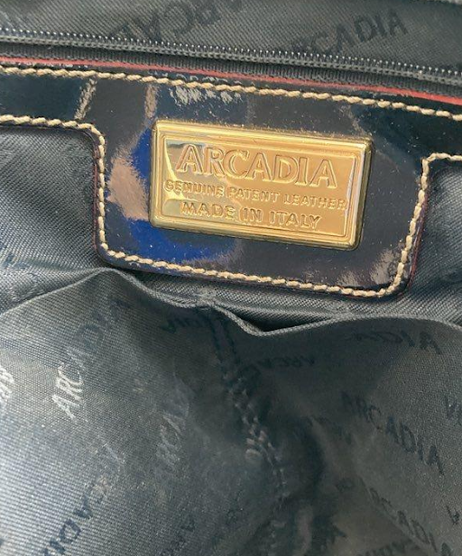 Arcadia Italian Patent Leather Satchel, Blue Embossed Dome Bag with Tan Trim