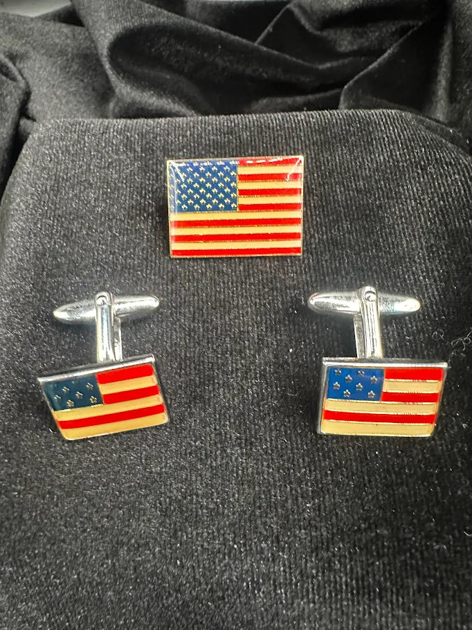 Maxwell Forbes Collection American Flag Cufflinks and Pin Set | Patriotic Men’s Accessory Set