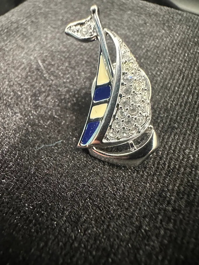 Swarovski Silver Tone Crystal Sailboat Brooch | Nautical Designer Pin