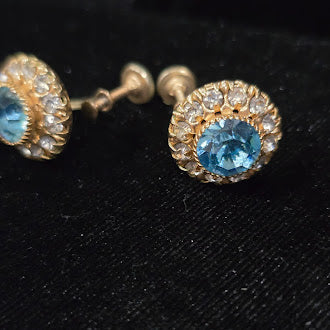 Gold-tone brooch and matching screw-back earrings with blue center stones and clear rhinestone halos, view 2