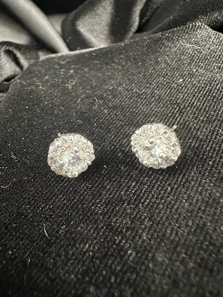 Silver-tone round crystal cluster stud earrings with scalloped edge, view 2