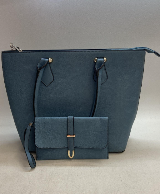 Blue Pebbled Faux Leather Tote & Matching Wristlet Clutch Set, Structured Shoulder Bag and Wristlett