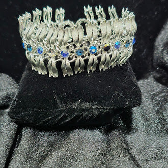 Vintage Lisner Silver Tone Wide Bracelet with Iridescent Rhinestones, Textured Link Design, Aurora Borealis Sparkle, Estate Statement Style