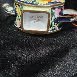 Kelvin Chen Enamel on Copper Miniature Teapot Hand Painted Fruit Basket Design Numbered 1998 with Box Certificate
