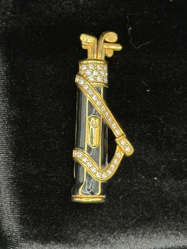 Signed Swarovski gold-tone golf bag brooch with black enamel and clear crystals, view 5