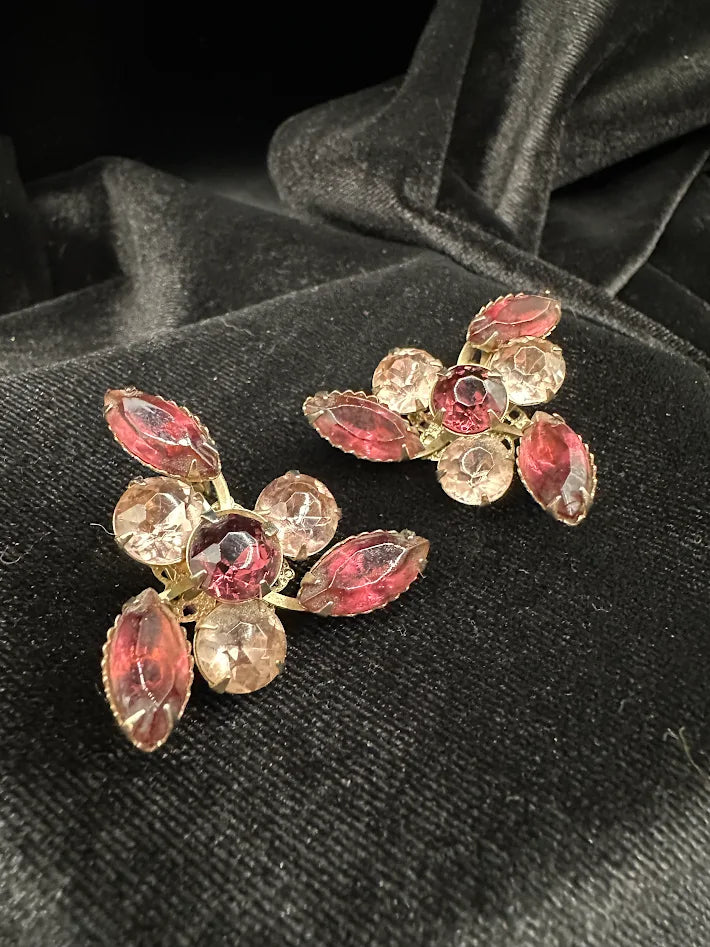 1950s–1960s Gold Tone Pink and Clear Crystal Floral Cluster Clip Earrings Marquise Rhinestone Statement Jewelry