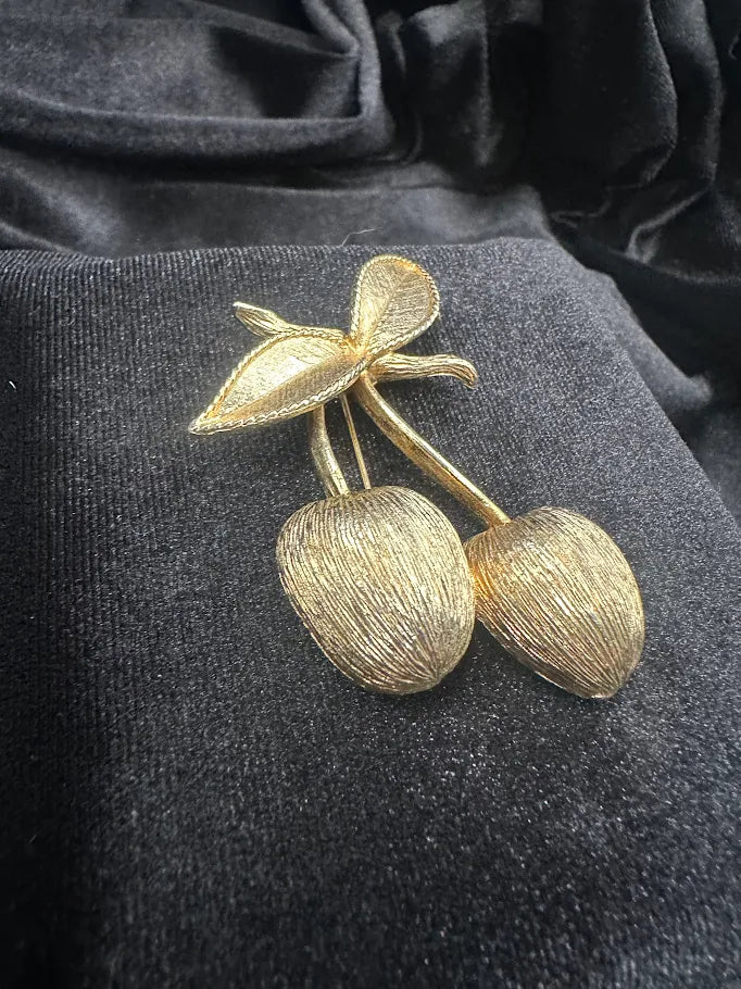 Gold-tone cherry brooch with textured fruit and leaf, view 3