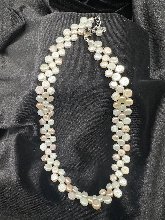 Ivory and blush coin pearl-style multi strand collar necklace, view 2
