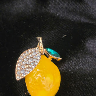 Gold-tone yellow enamel lemon brooch with pavé rhinestone leaf and green stone, view 3