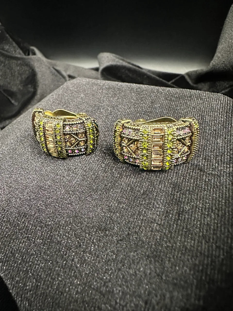 Heidi Daus Gold Tone Multicolor Crystal Hoop Earrings with Antiqued Statement Design
