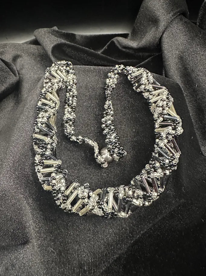 Black Silver Geometric Beaded Collar Necklace Statement Choker Jewelry