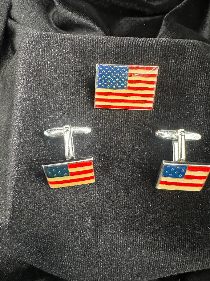 American flag cufflinks and matching lapel pin in silver tone with red, white and blue enamel-style detail, view 5