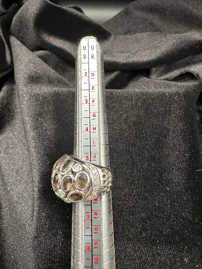 925 Sterling Silver Smoky Quartz Ring Multi Stone Cluster Statement Ring Size 6 Bold Gemstone