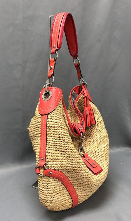 Coach Oversized Straw Hobo with Tangerine Leather Trim, Large Shoulder Bag