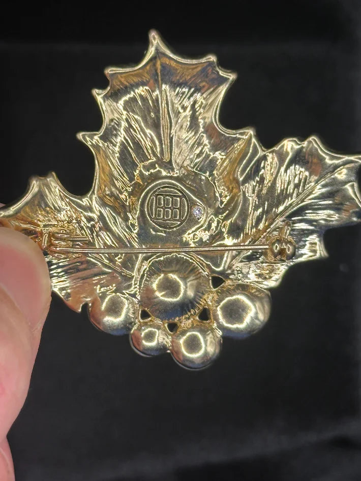 1950s–60s Holly Leaf Brooch by Givenchy Gold Tone Rhinestone Enamel Pearl Christmas Pin