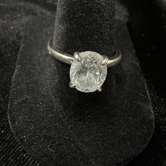 Silver Tone Oval Crystal Solitaire Ring