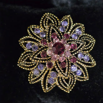 Gold-tone filigree flower brooch with pink and lavender rhinestones, view 2