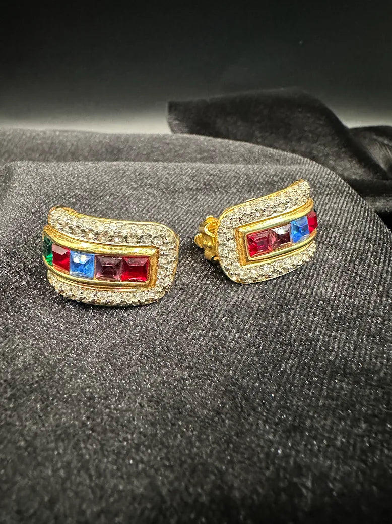 Vintage Piscitelli Gold Tone Rainbow Rhinestone Earrings Crystal Pave Statement Designer Jewelry